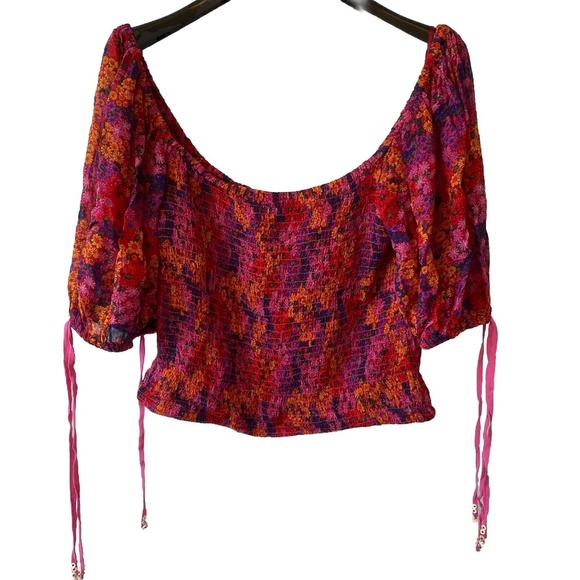 Free People Back On Top Hot Pink Floral Print Smocked Blouse Puff Sleeve Top XL - Picture 1 of 12
